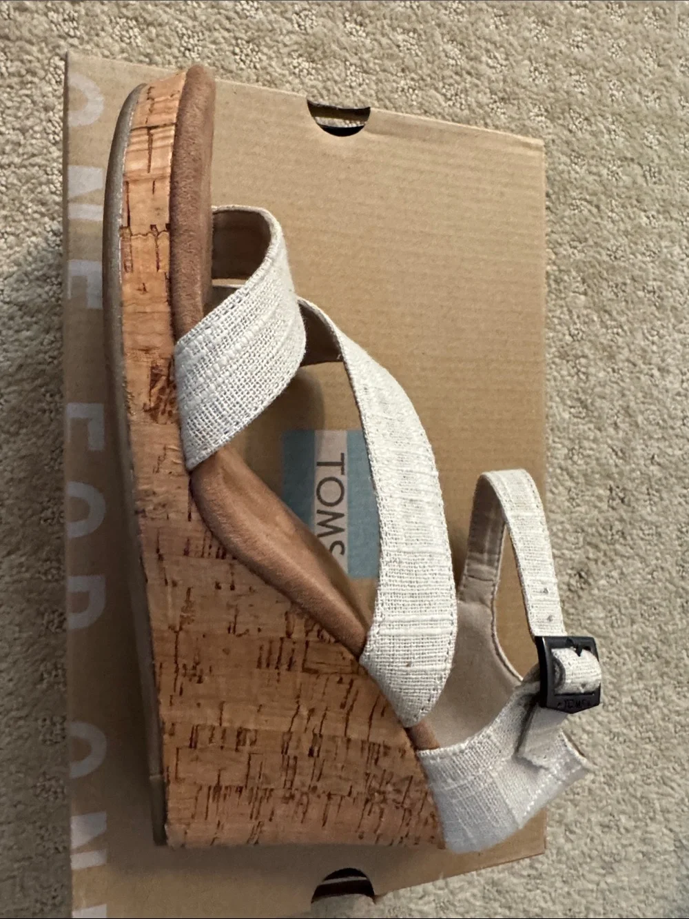 Toms Neutral Linen-Look Cork Wedge Sandals